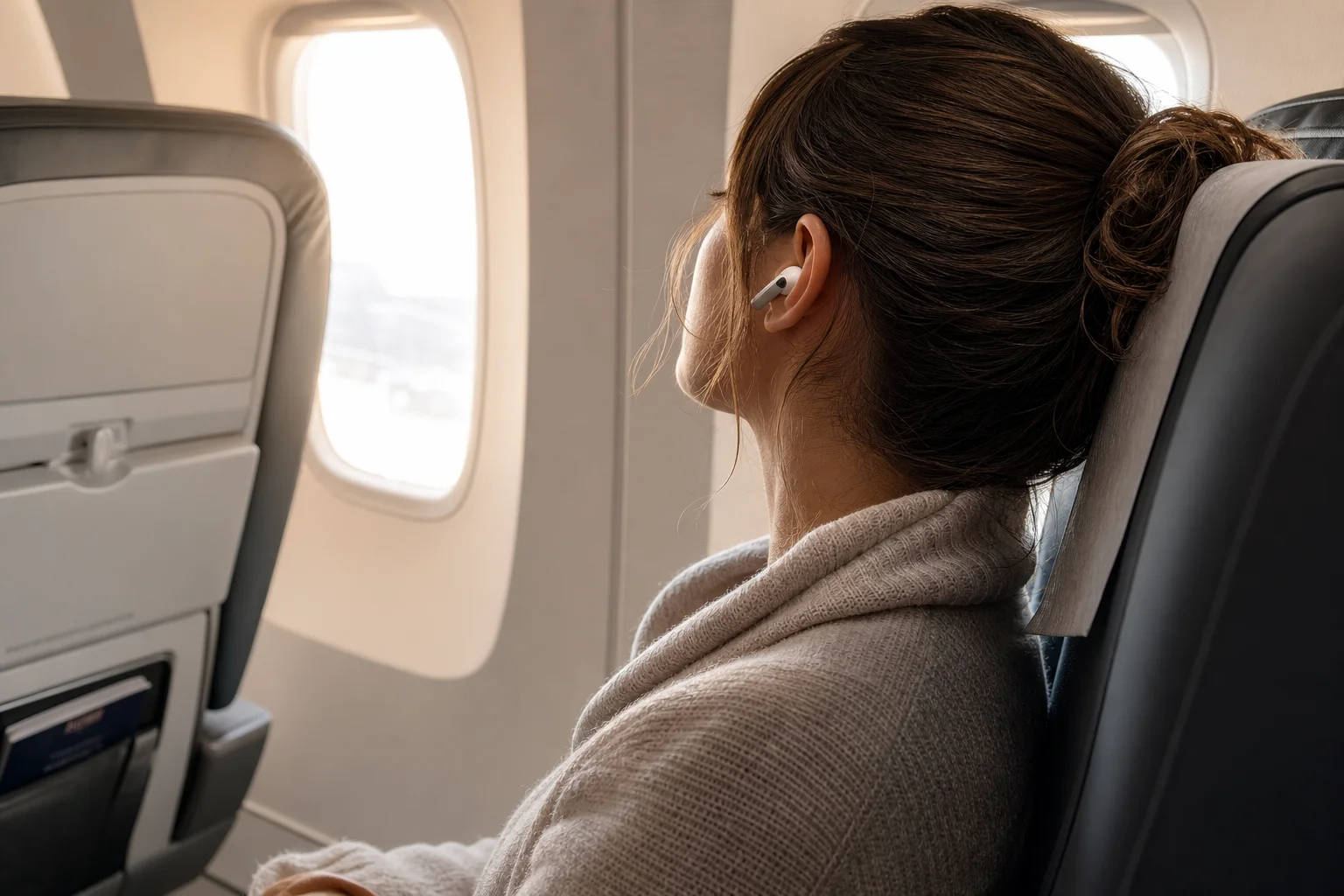 Passenger using wireless earbuds during in-flight entertainment on airplane