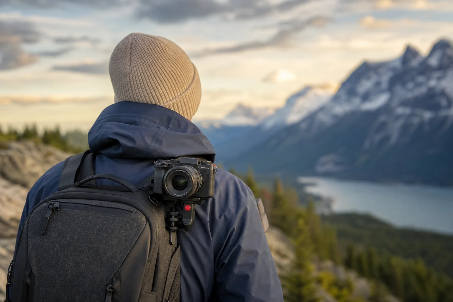 Travel photographer capturing landscape with camera mounted on backpack clip