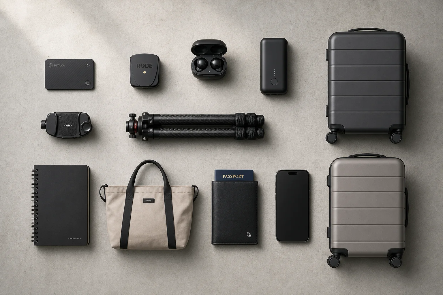 Flat-lay arrangement of 12 essential travel items on grey concrete surface