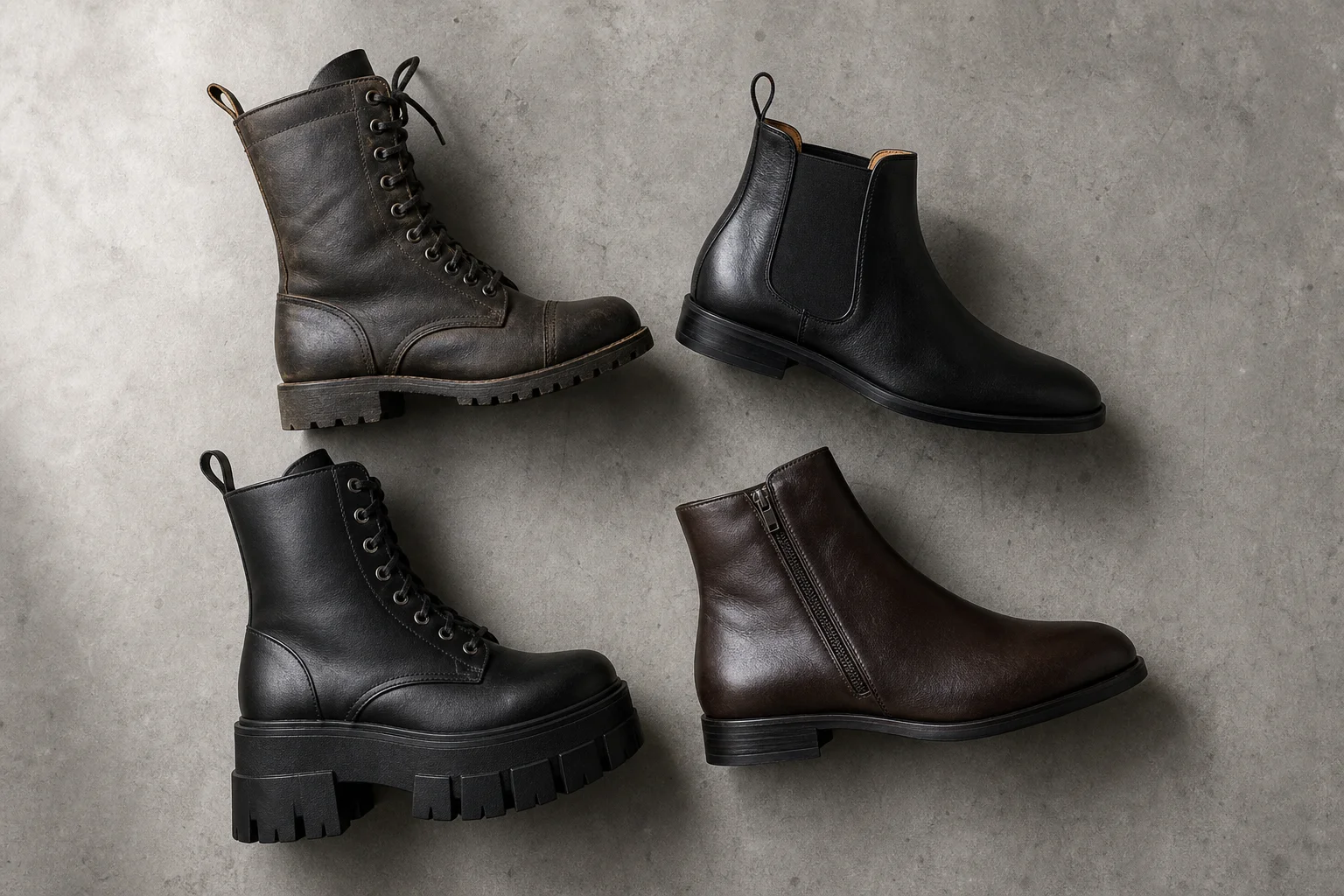 Overhead flat-lay of four different boot styles on concrete