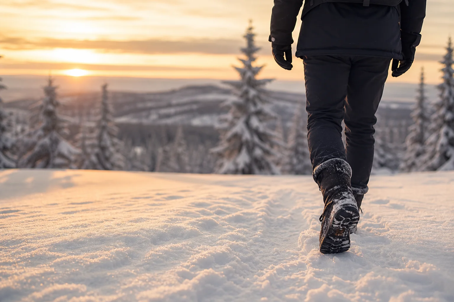 Person wearing winter boots walking through snowy landscape at dusk