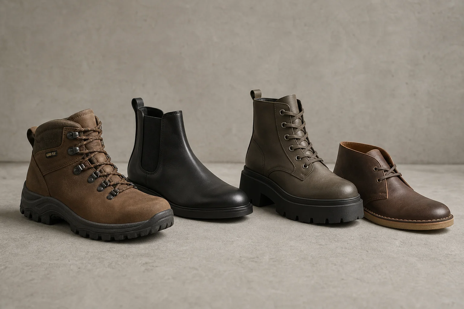 Collection of diverse winter boots arranged on concrete surface