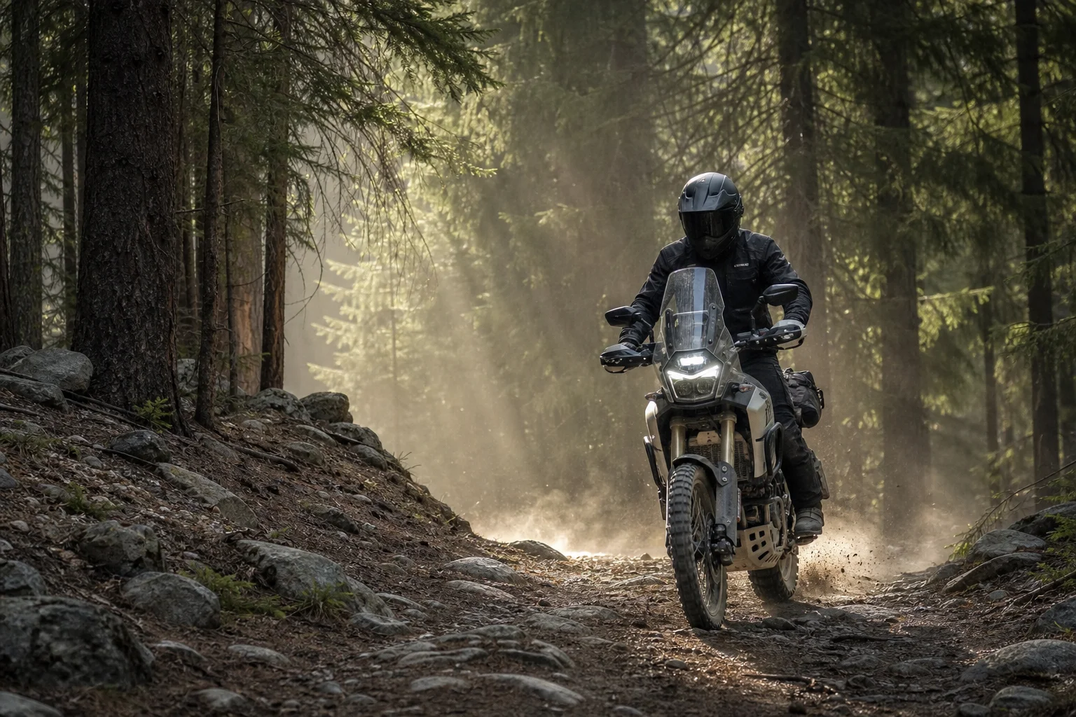 Adventure motorcyclist riding a dirt trail through a forest with morning light