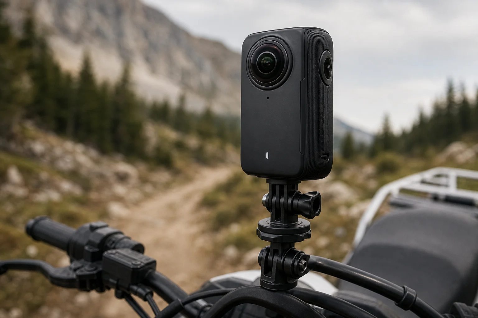 360 camera mounted on motorcycle handlebar with trail scenery