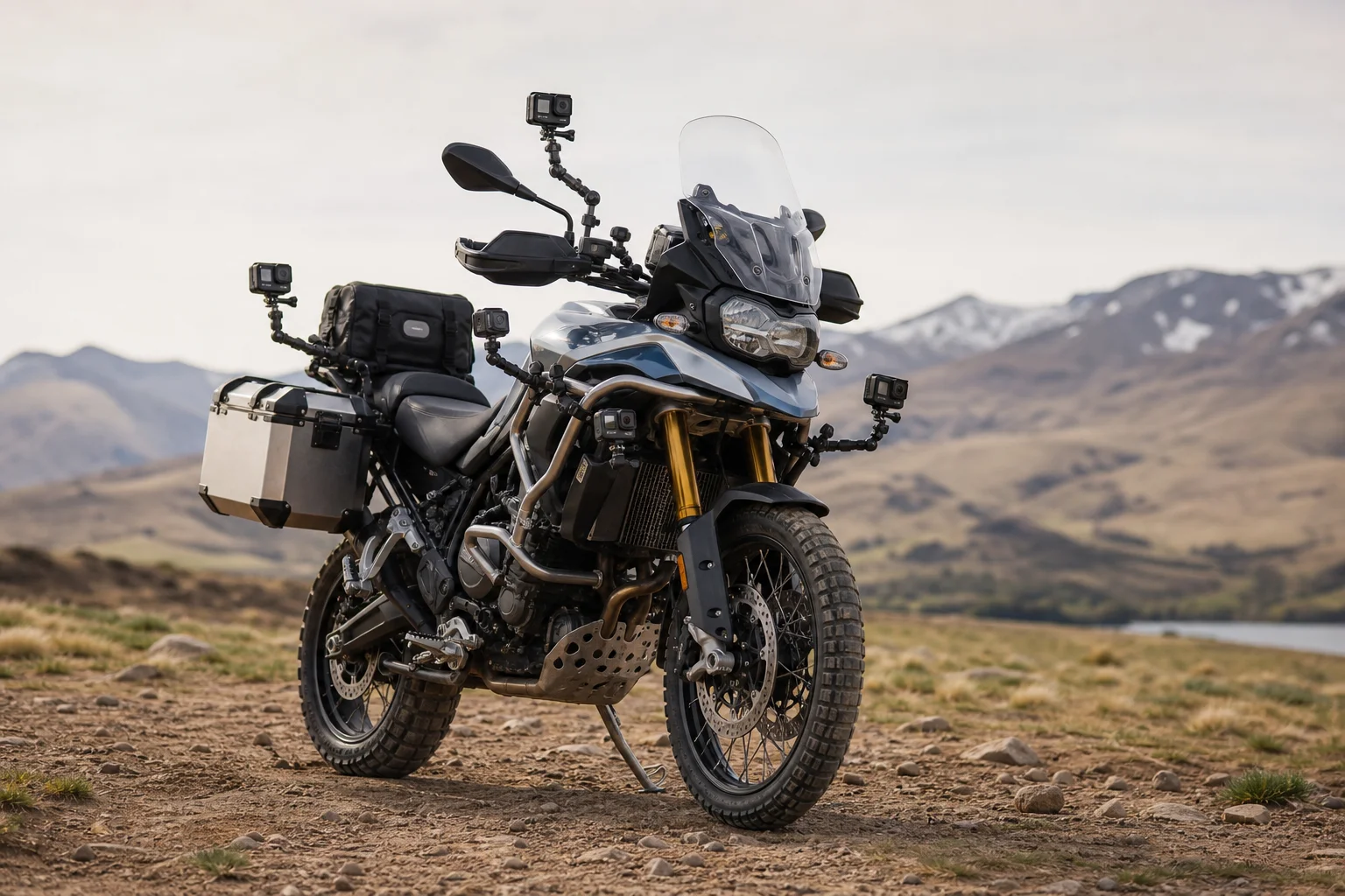 Adventure motorcycle with multiple camera mounting points on crash bars