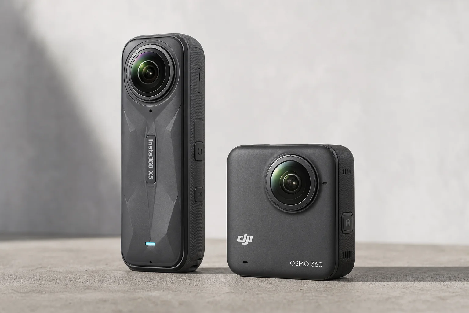 Insta360 X5 and DJI Osmo 360 360-degree action cameras on concrete surface