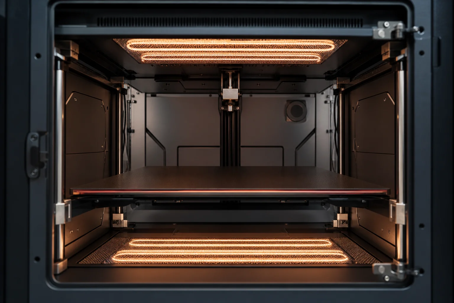 帶有成型平台的 3D 打印機加熱腔體內部視角