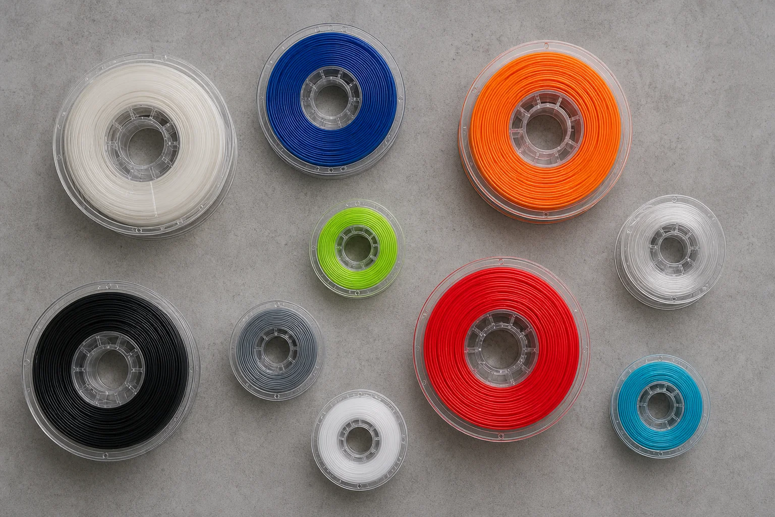 Bobines de filament TPU flexible de différentes duretés Shore empilées sur un espace de travail