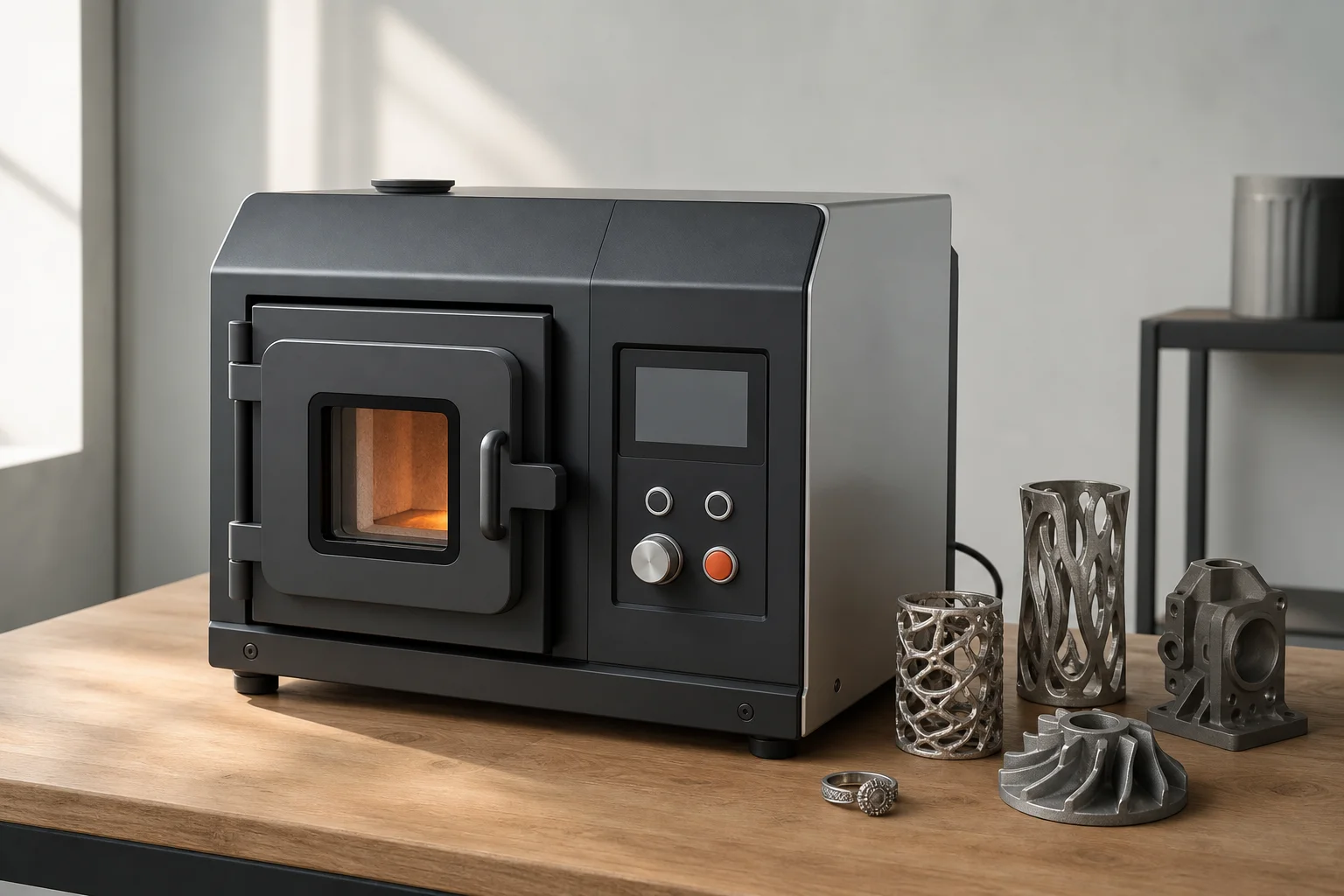 Machine de fonderie sous vide de bureau avec pièces métalliques et conteneurs de moulage