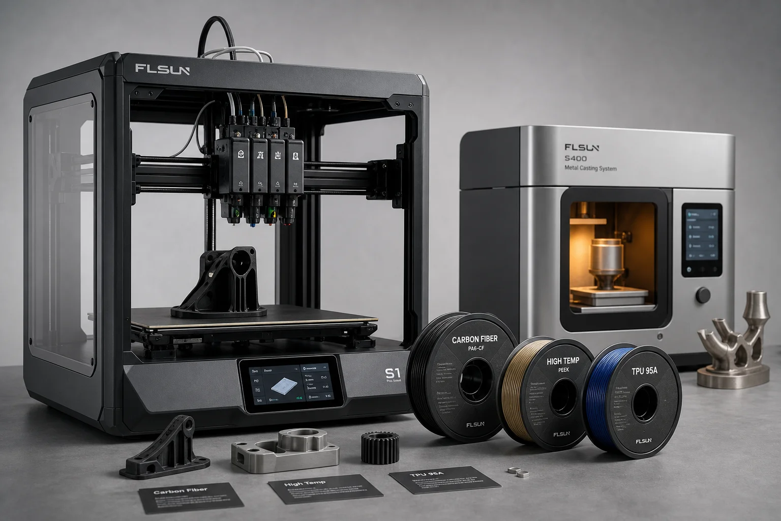 3D printer workstation with multi-tool hotend, advanced filament spools, and metal casting machine