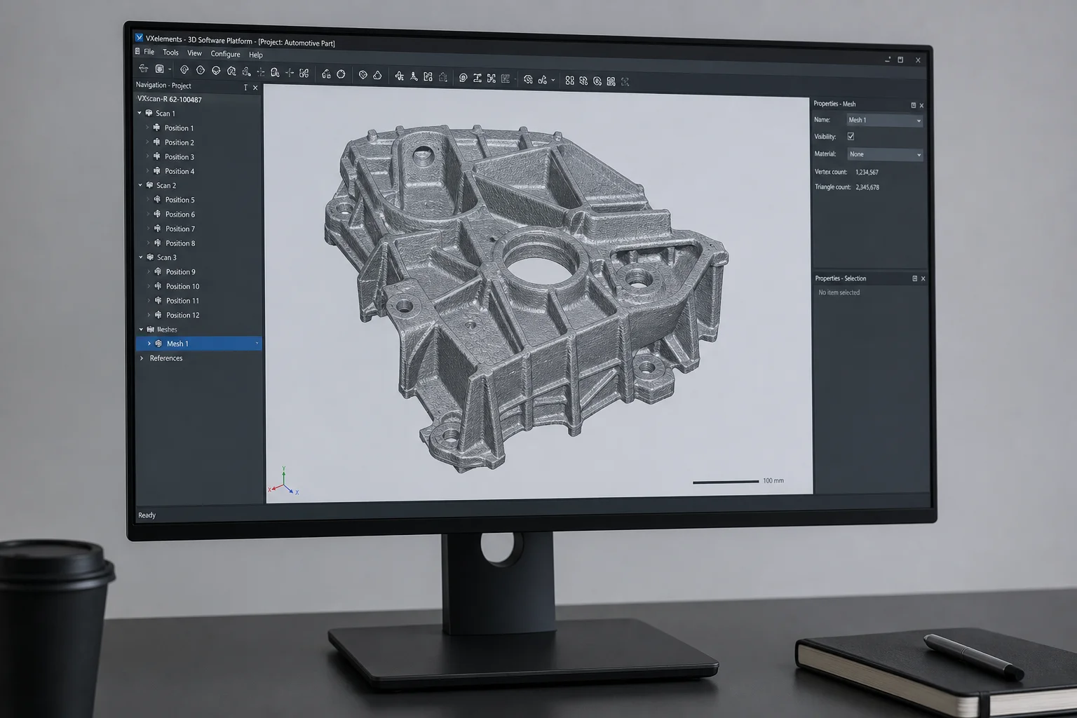 3D point cloud mesh displayed on computer monitor showing scanned geometry