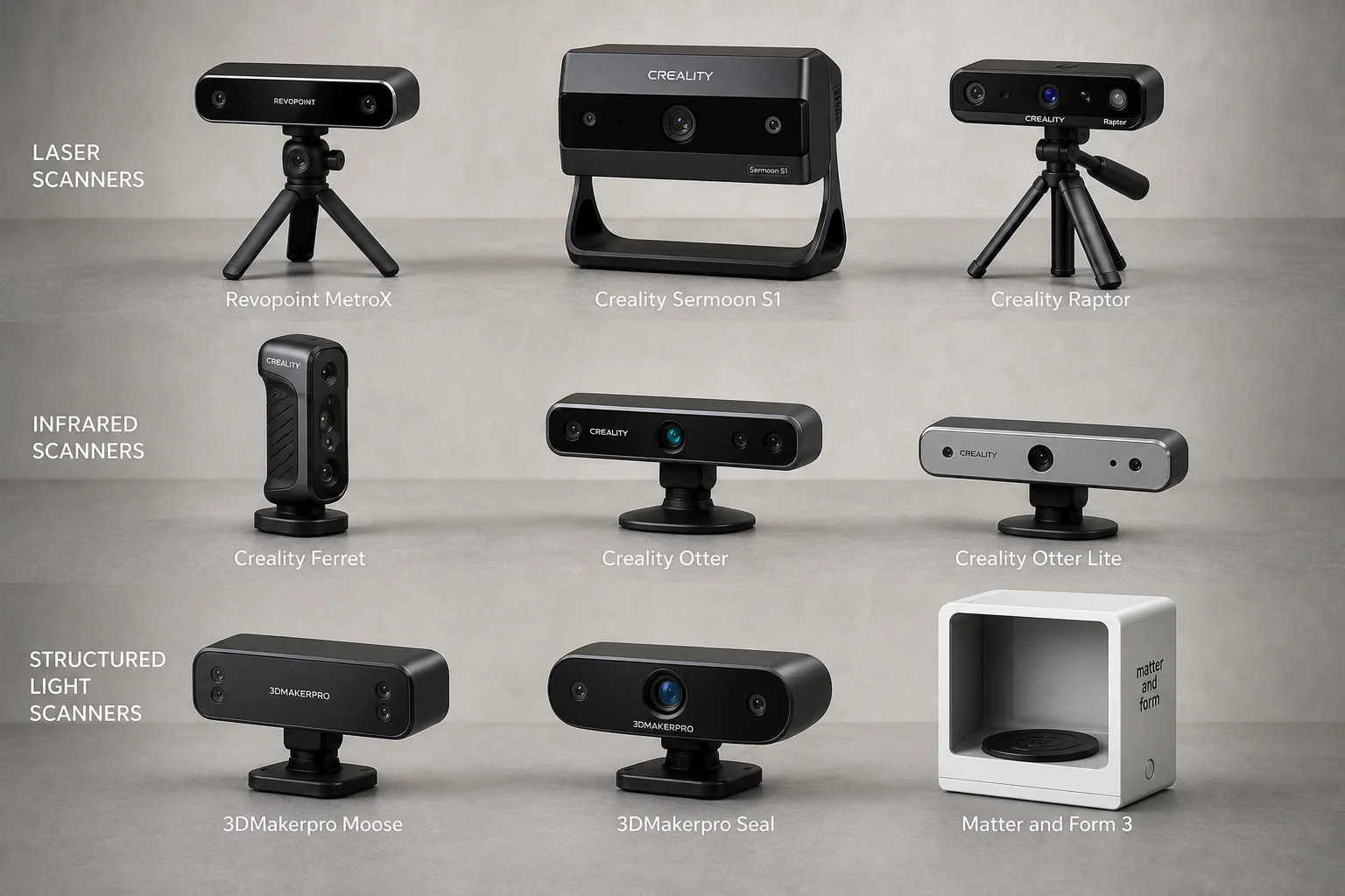 Nine 3D scanners arranged on grey surface showing laser, infrared, and structured light models