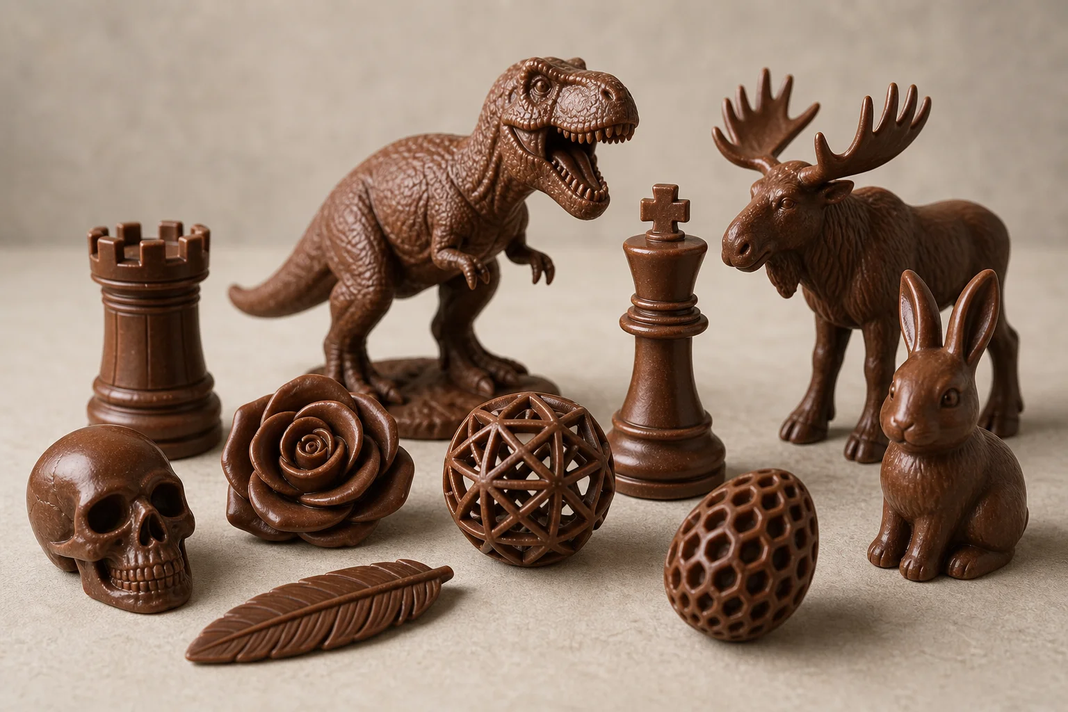 3D 列印的巧克力雕塑，包含恐龍、西洋棋子、玫瑰與其他物品