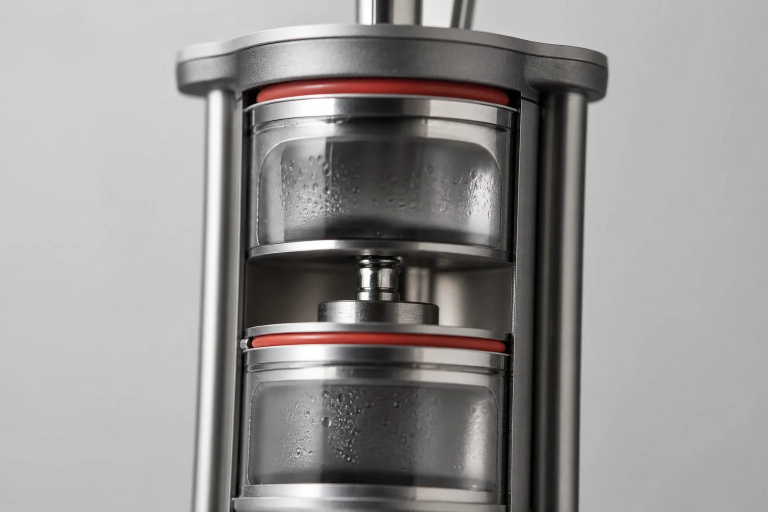 Close-up of 9Barista dual-chamber system with red gaskets