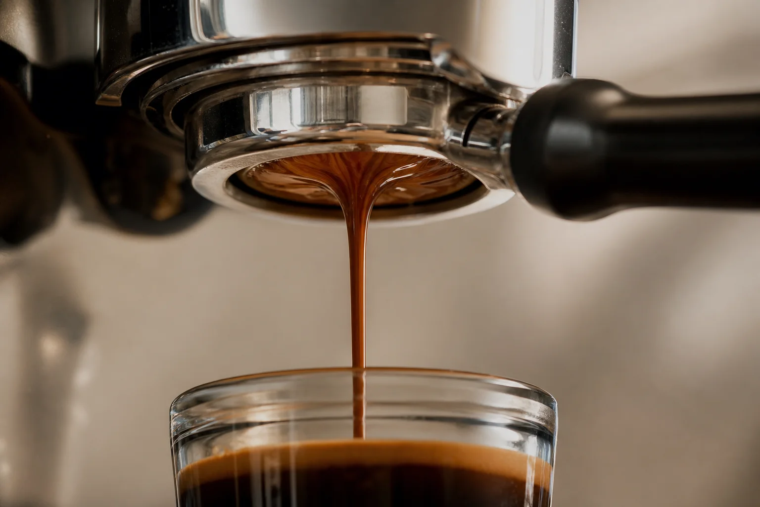 Espresso flowing from inverted portafilter into collection chamber