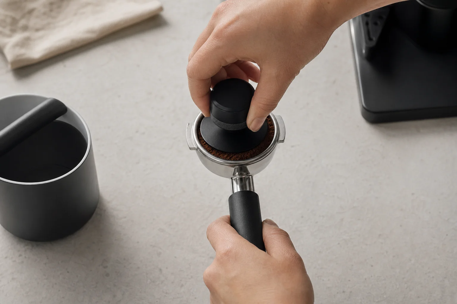 Barista tamping coffee grounds into 9Barista basket