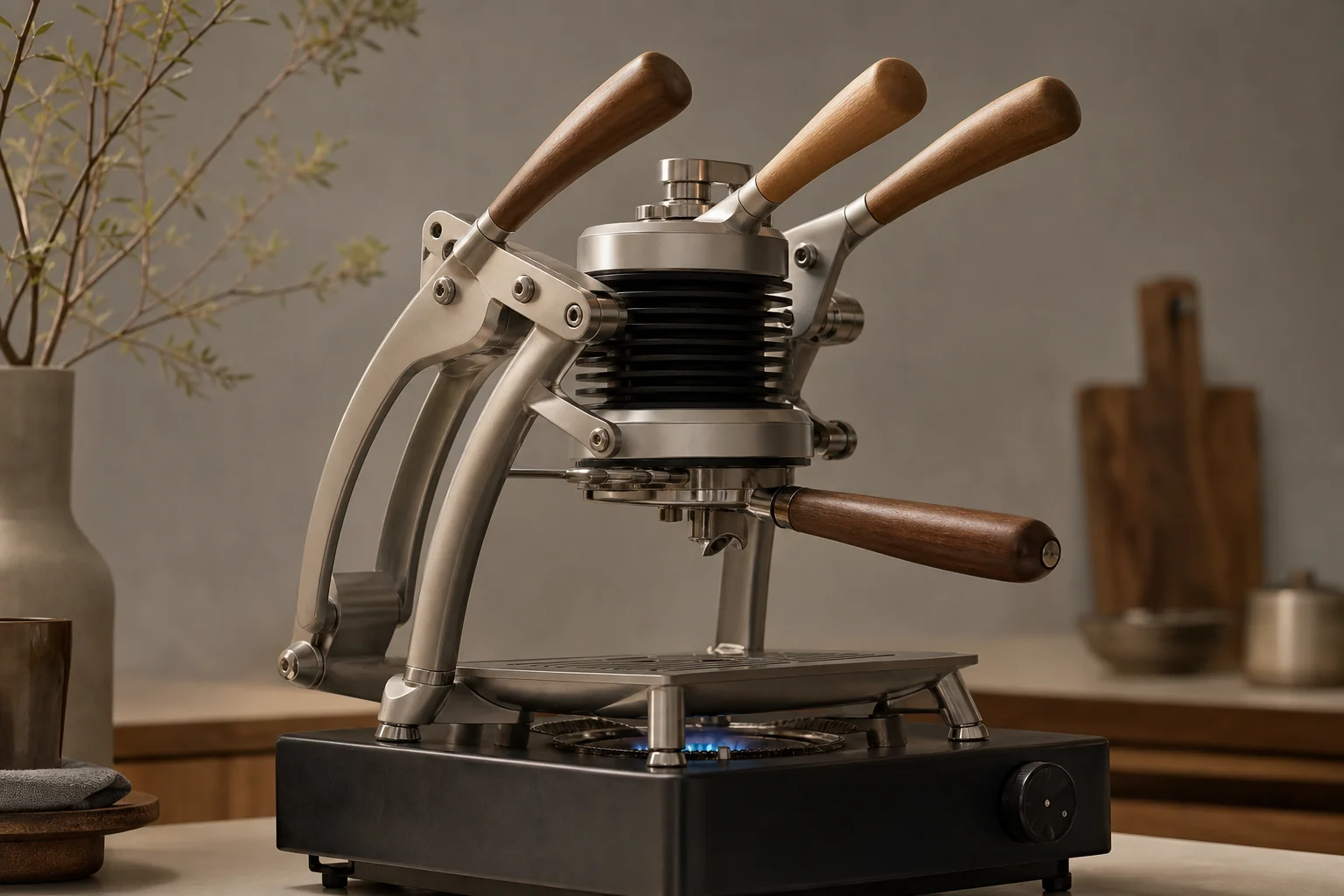 9Barista assembled on gas burner with wood handles visible