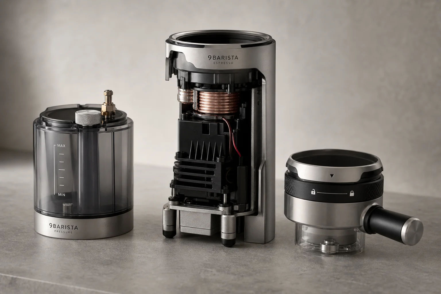 9Barista Espresso Machine disassembled components on concrete surface