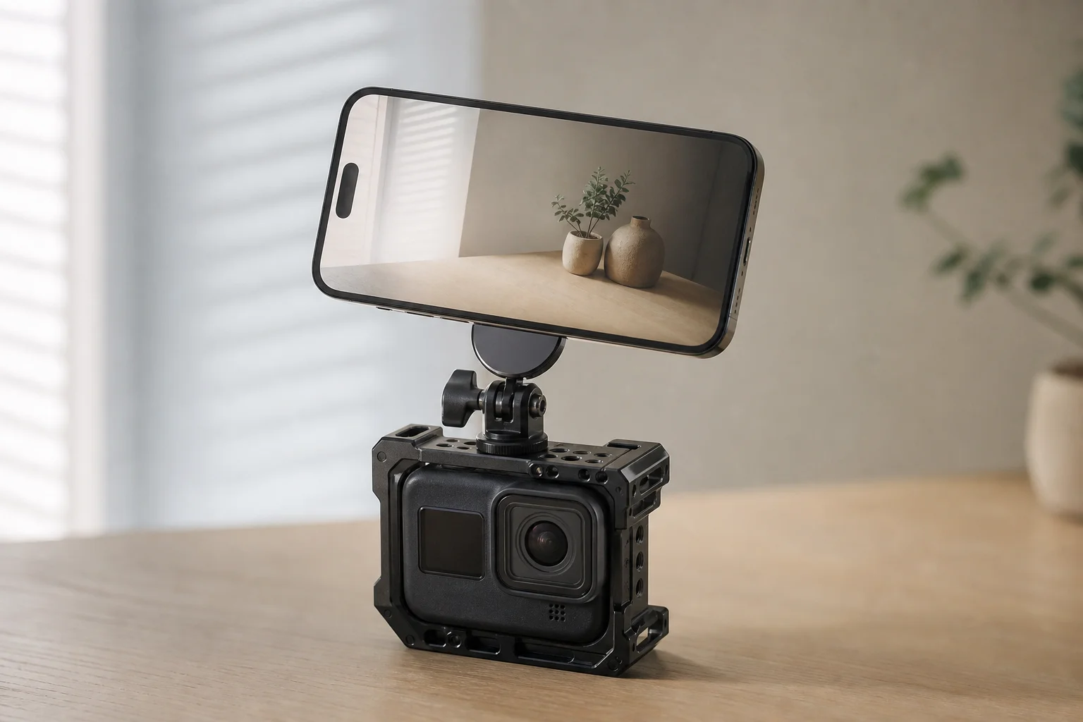 Smartphone mounted on action camera cage showing live preview display