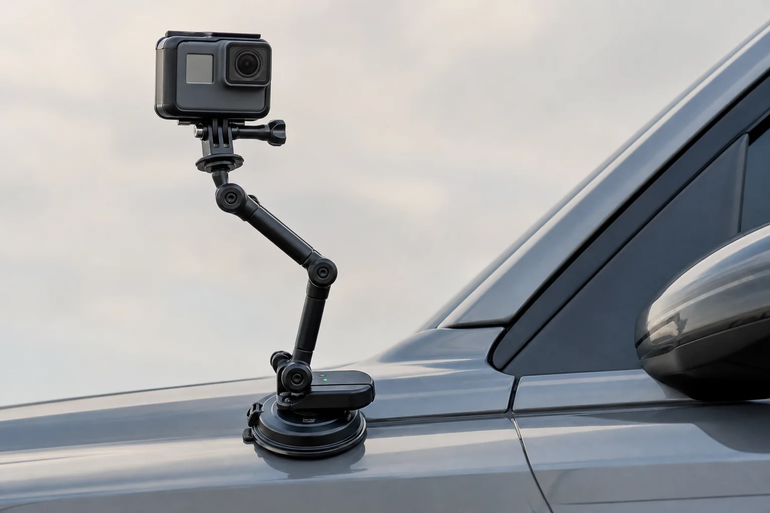 Action camera mounted on stabilization rig with suction cup on vehicle surface