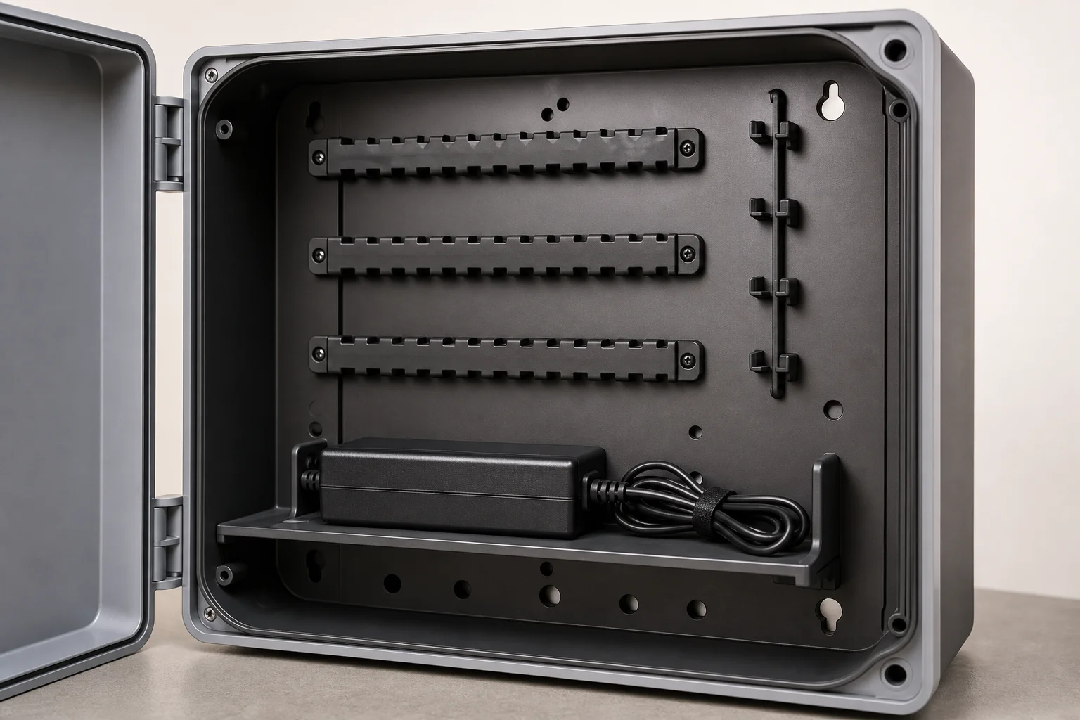 Interior view of control board showing cable management rails and organizational shelving
