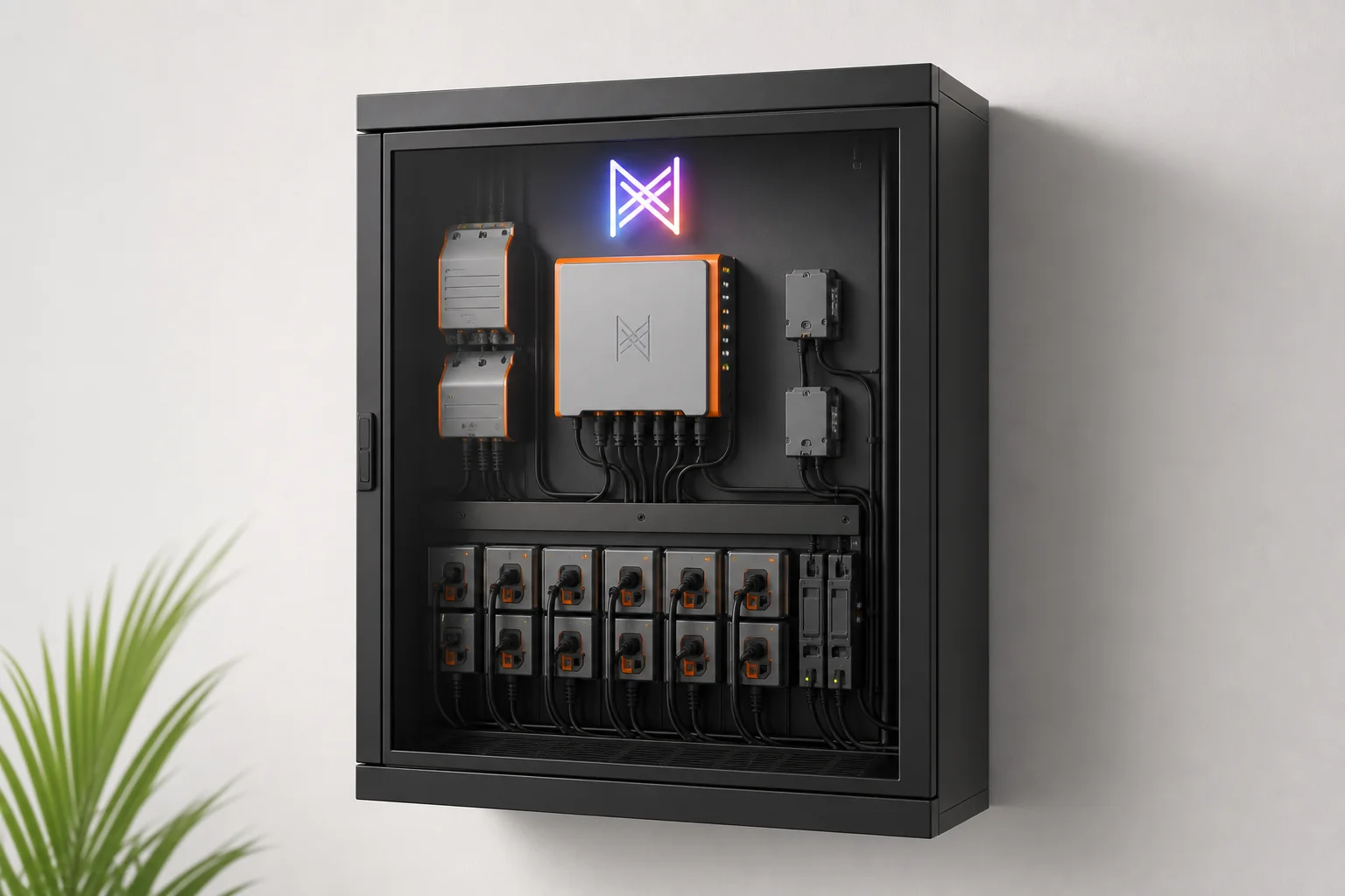 Completed mounted control board with organized cables and illuminated RGB logo panel