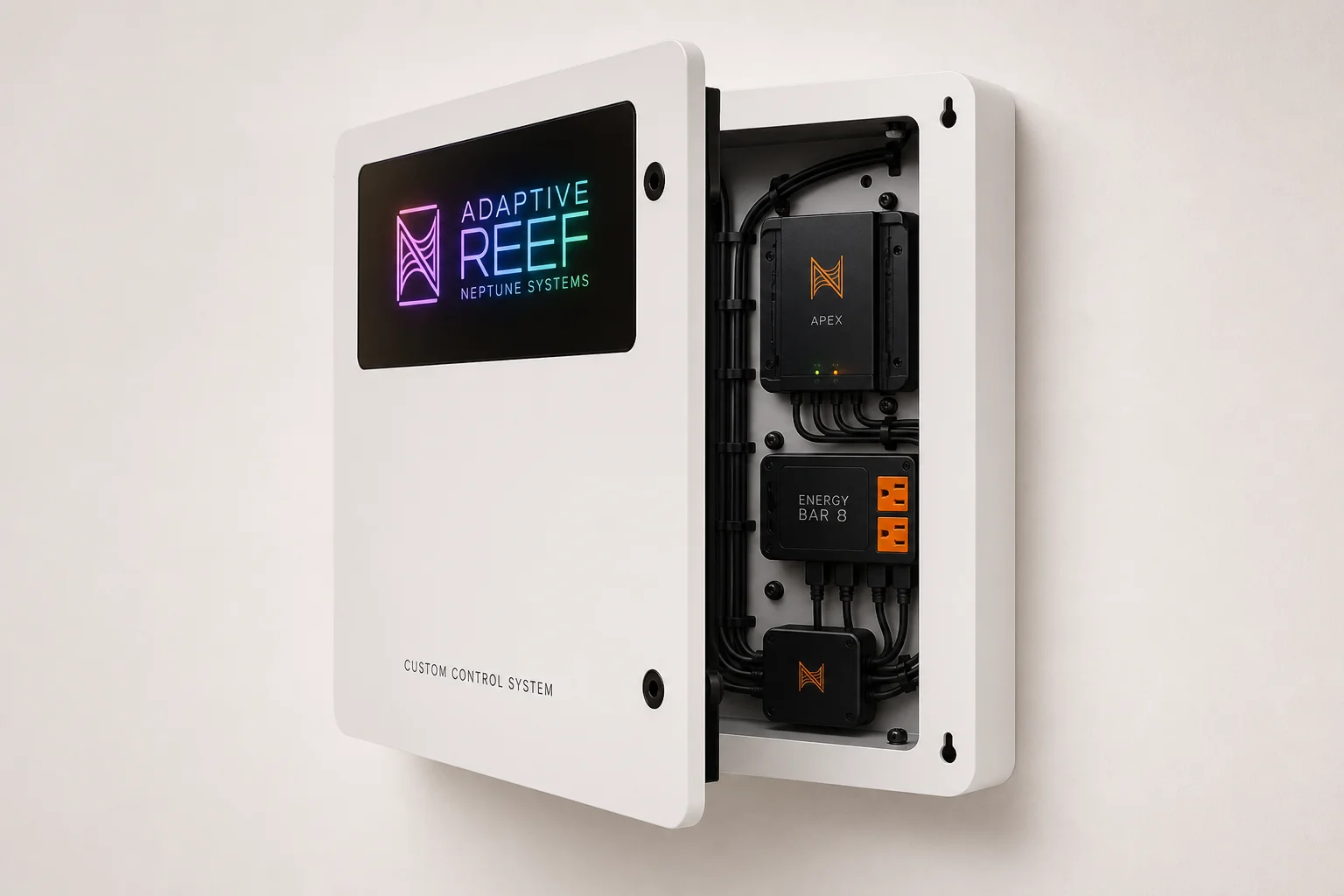 Adaptive Reef Neptune Systems custom control board with RGB logo and open front panel