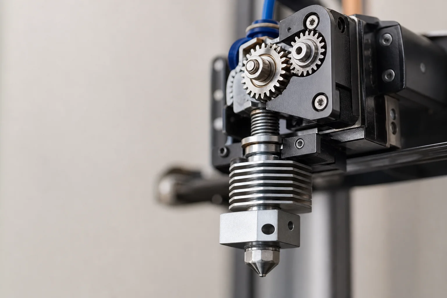 Primo piano dell'estrusore di una stampante 3D con ugello temprato e componenti in metallo