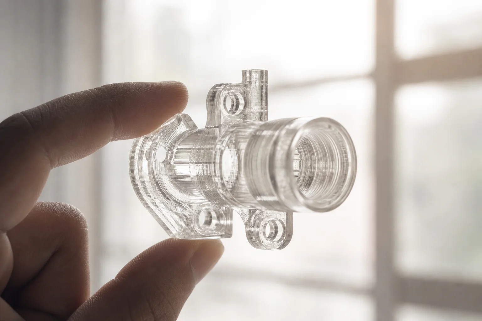 Parte stampata in 3D in policarbonato trasparente con luce che attraversa il materiale