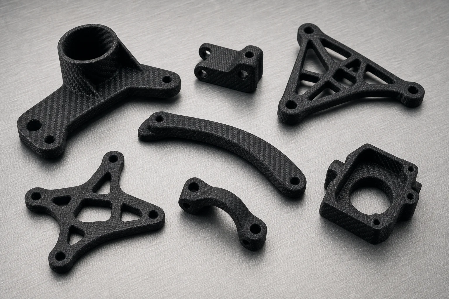 Parti stampate in 3D rinforzate in fibra di carbonio con finitura opaca testurizzata su una superficie di lavoro