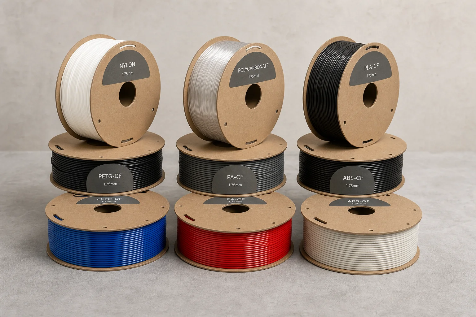 Nove bobine di filamento per stampante 3D disposte su una superficie in cemento che mostrano vari materiali e finiture