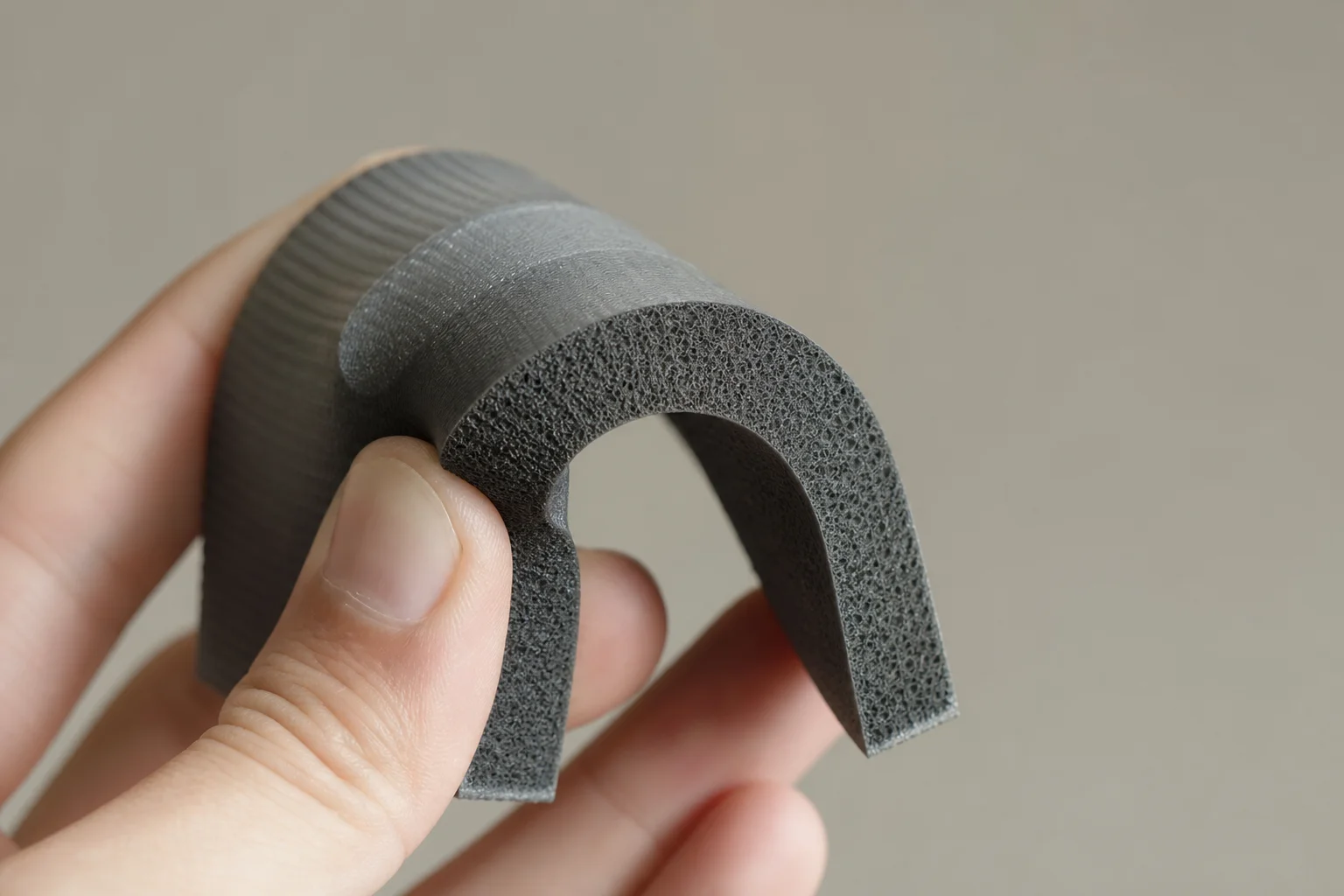 Gros plan sur une pièce imprimée en 3D à texture mousse flexible, aspect mousse EVA
