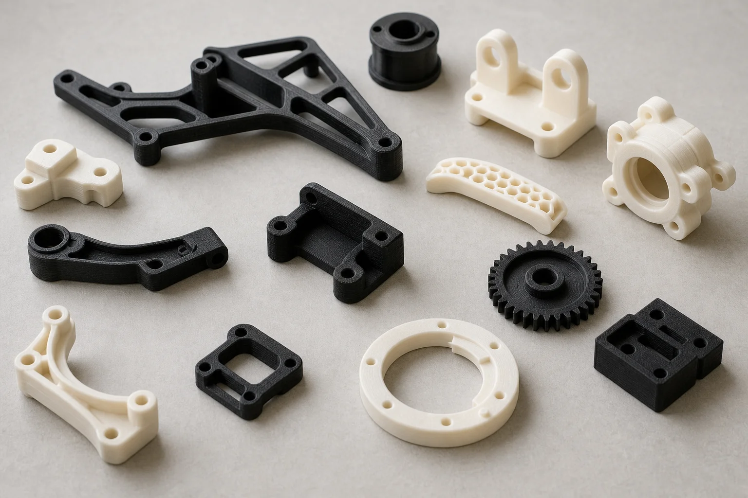Assortiment de supports et composants mécaniques en nylon imprimés en 3D sur un établi