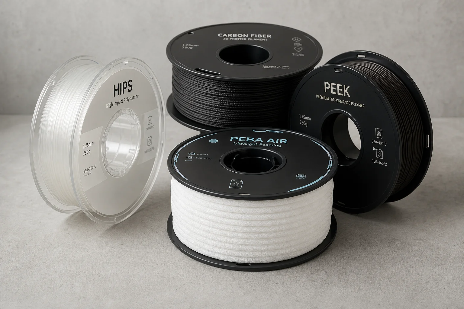 Collezione di diverse bobine di filamento per stampanti 3D su una superficie in cemento