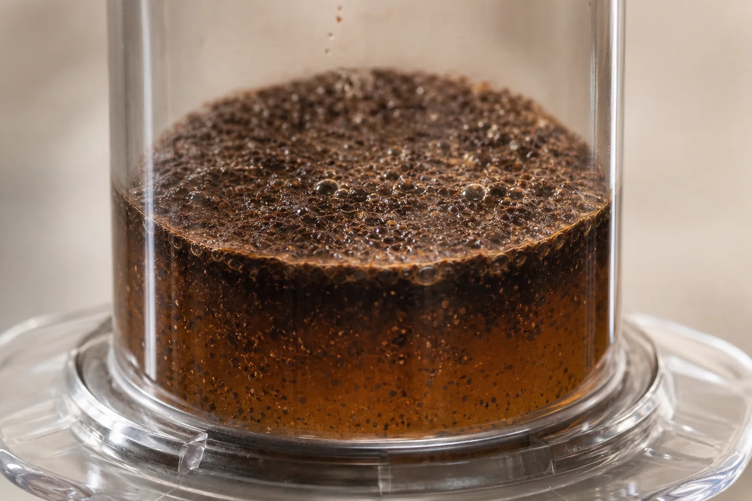 Close-up of coffee brewing inside transparent AeroPress with visible crust formation