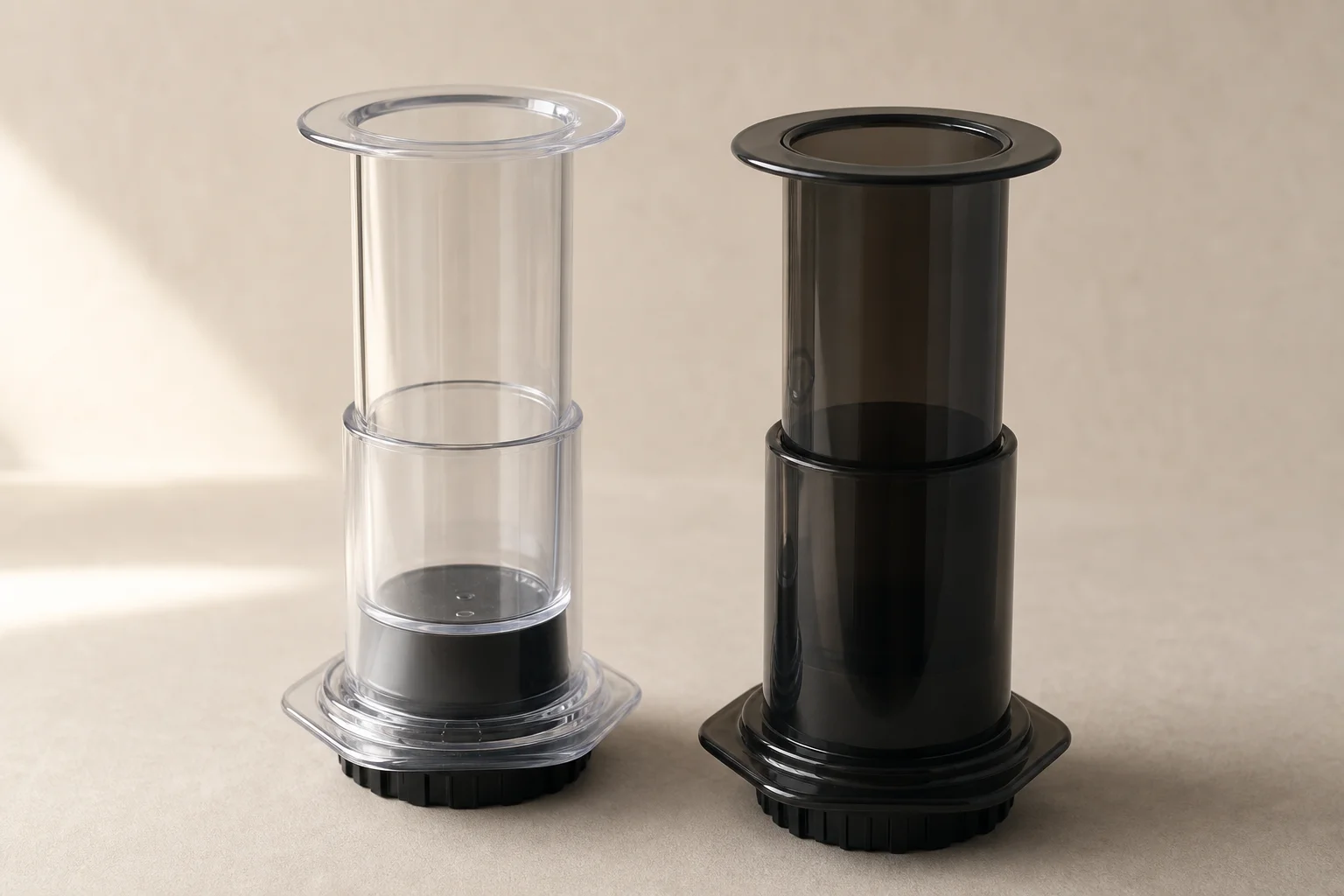 Two AeroPress brewers side by side showing clear versus opaque materials
