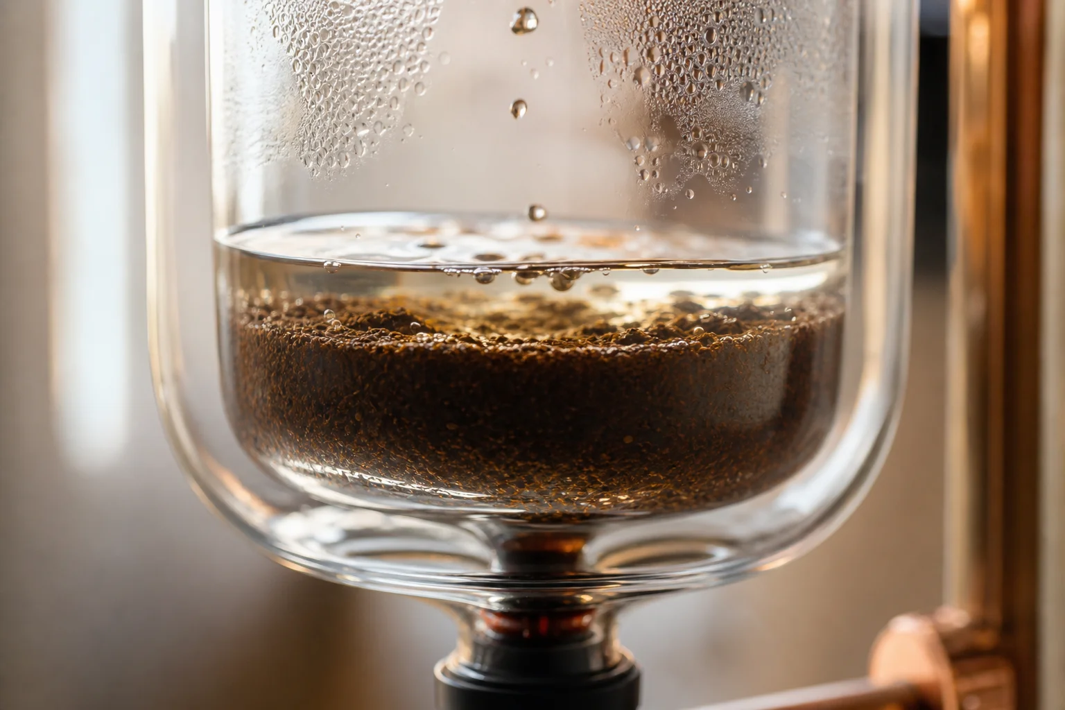 Close-up of coffee brewing in a glass AeroPress chamber with water and grounds