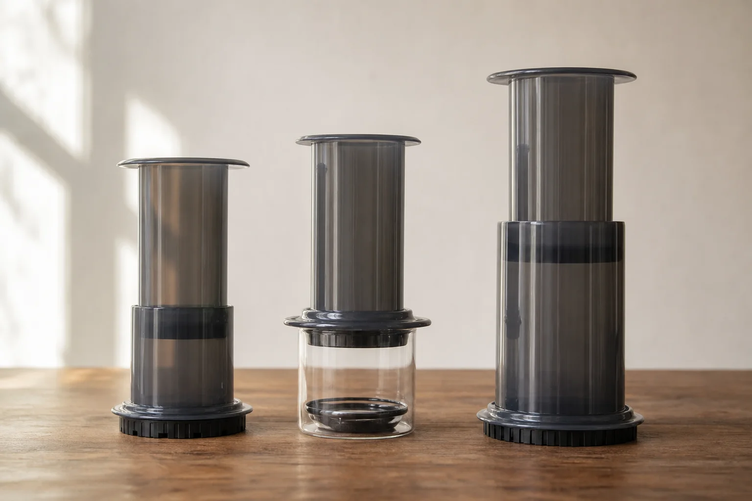 Comparison of three AeroPress brewers lined up side by side on a wooden surface