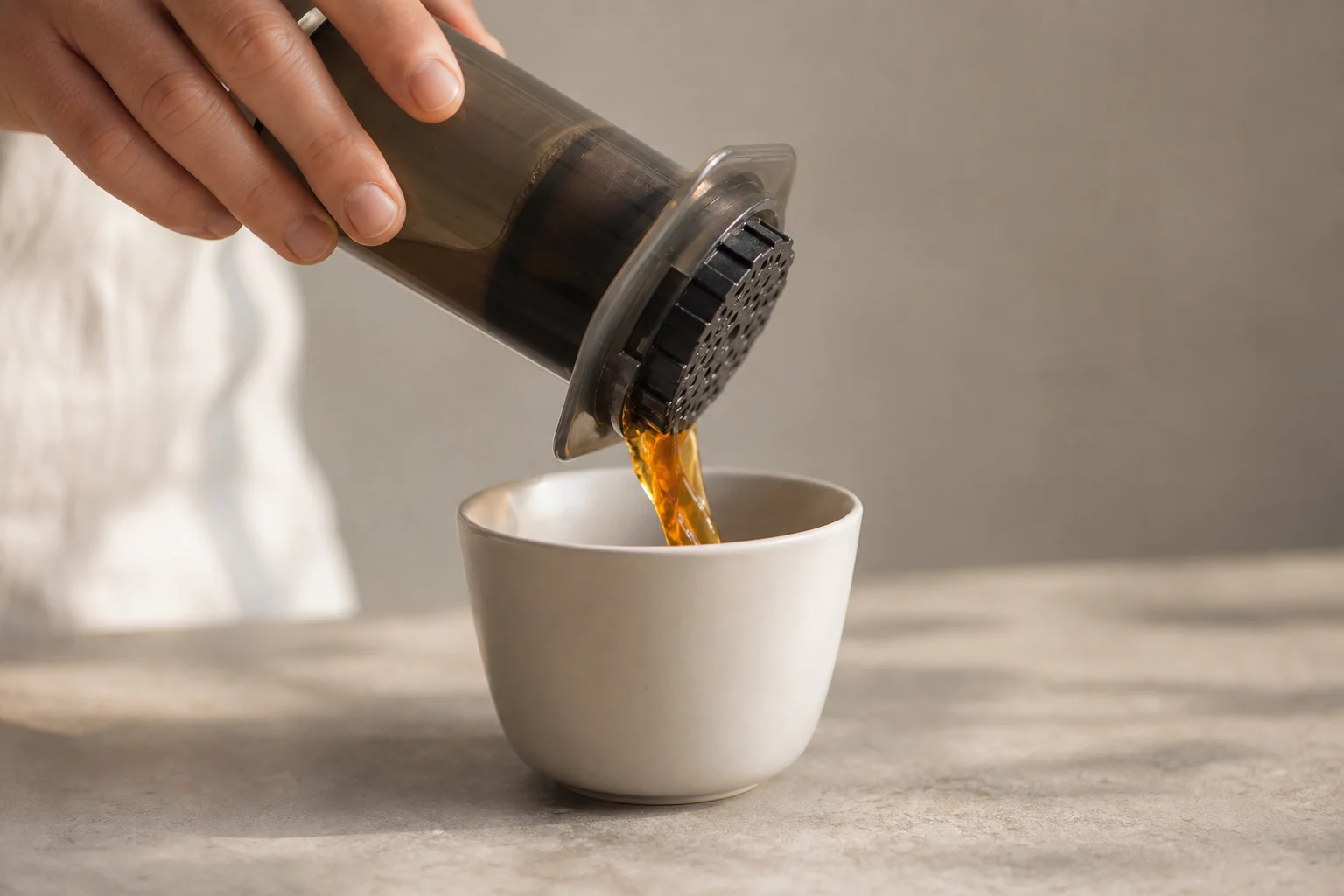 Pouring brewed coffee from an AeroPress into a white ceramic cup