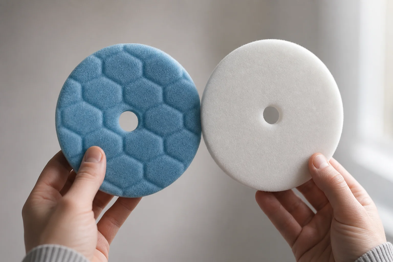 Hands holding a blue polishing pad and fine white filter pad side by side