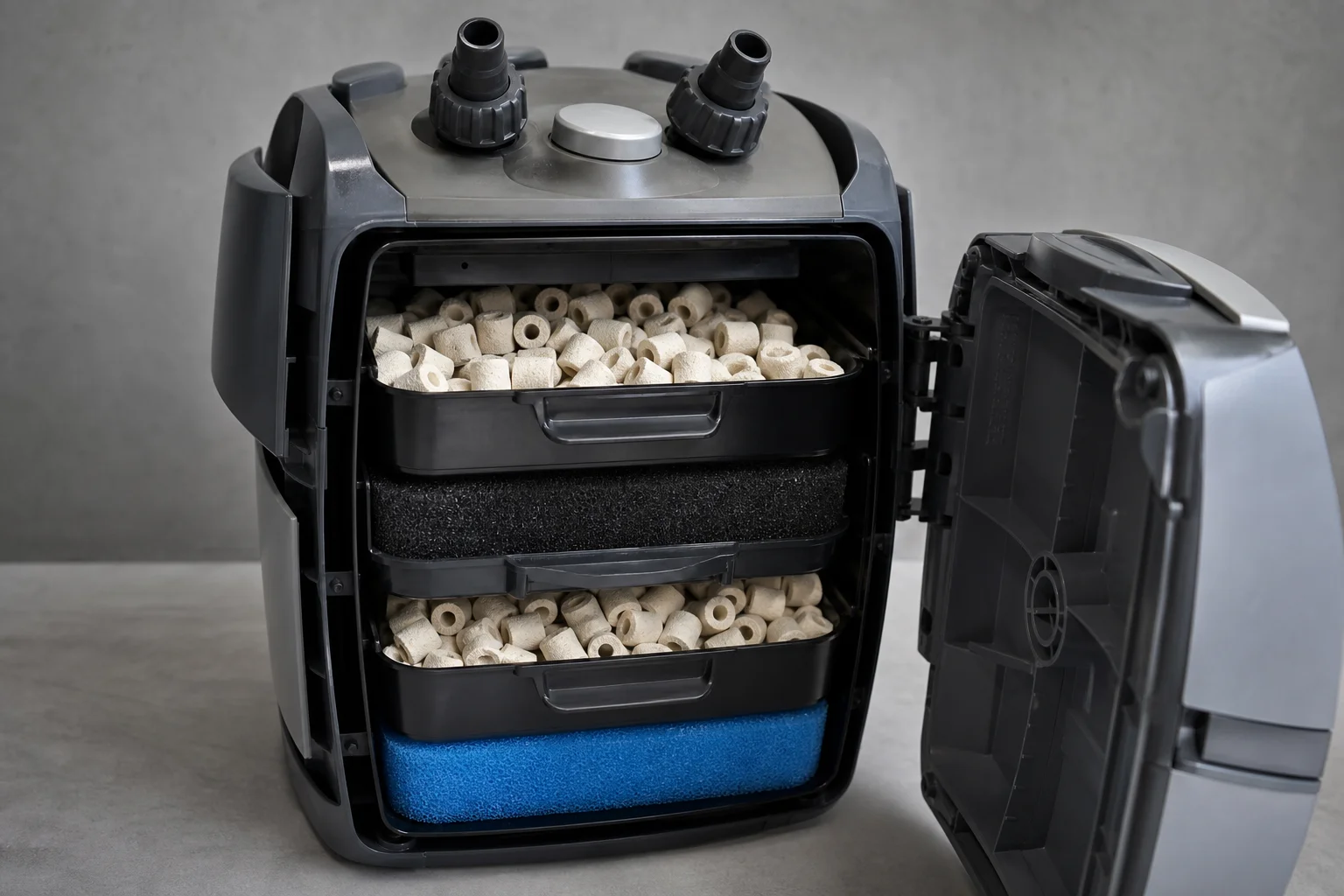 Opened canister filter showing stacked media trays with ceramic rings and sponges