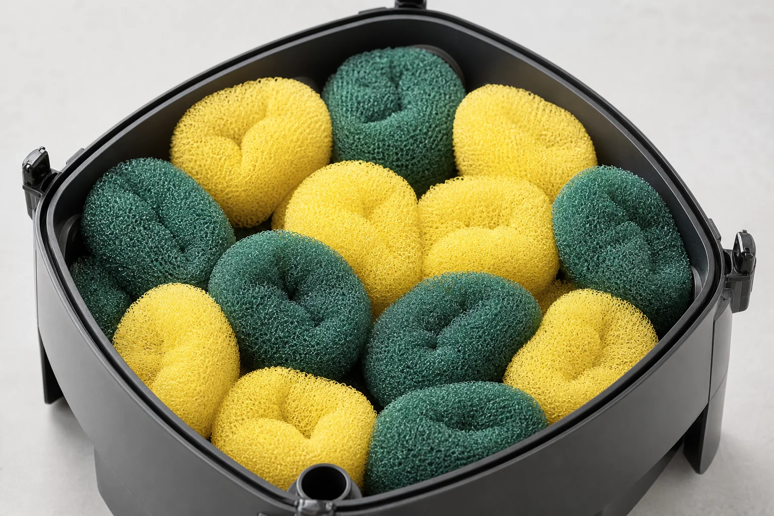 Pot scrubbers arranged in a canister filter tray showing dense packing