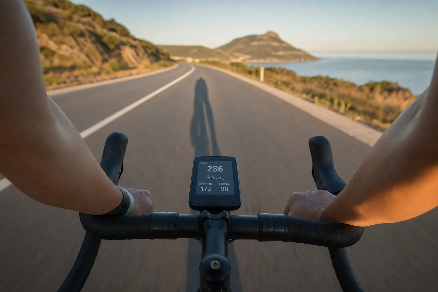 Cyclist riding on road with power meter display on handlebar