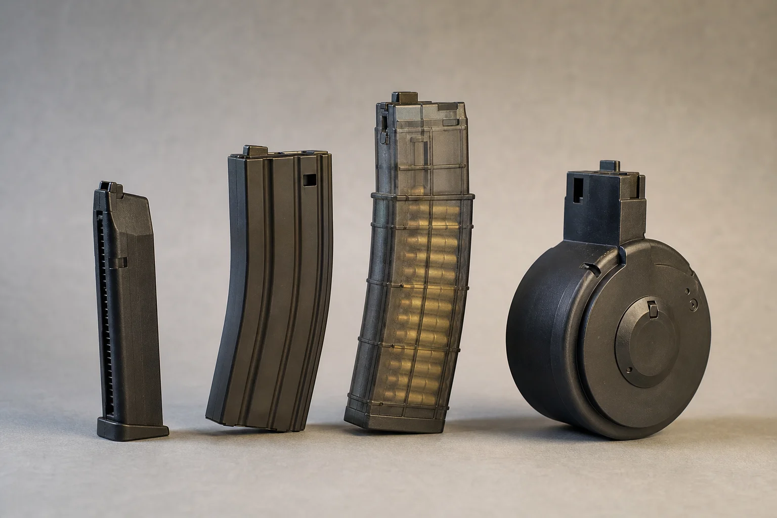 Four different airsoft magazine types showing size and capacity differences