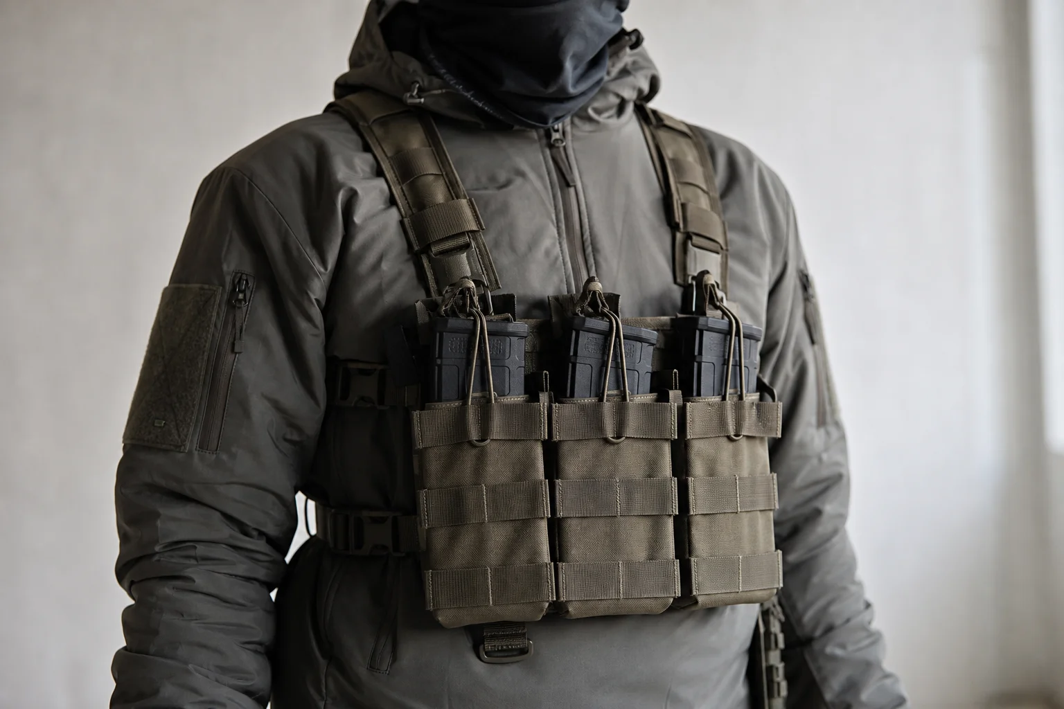Airsoft player wearing tactical chest rig with magazine pouches