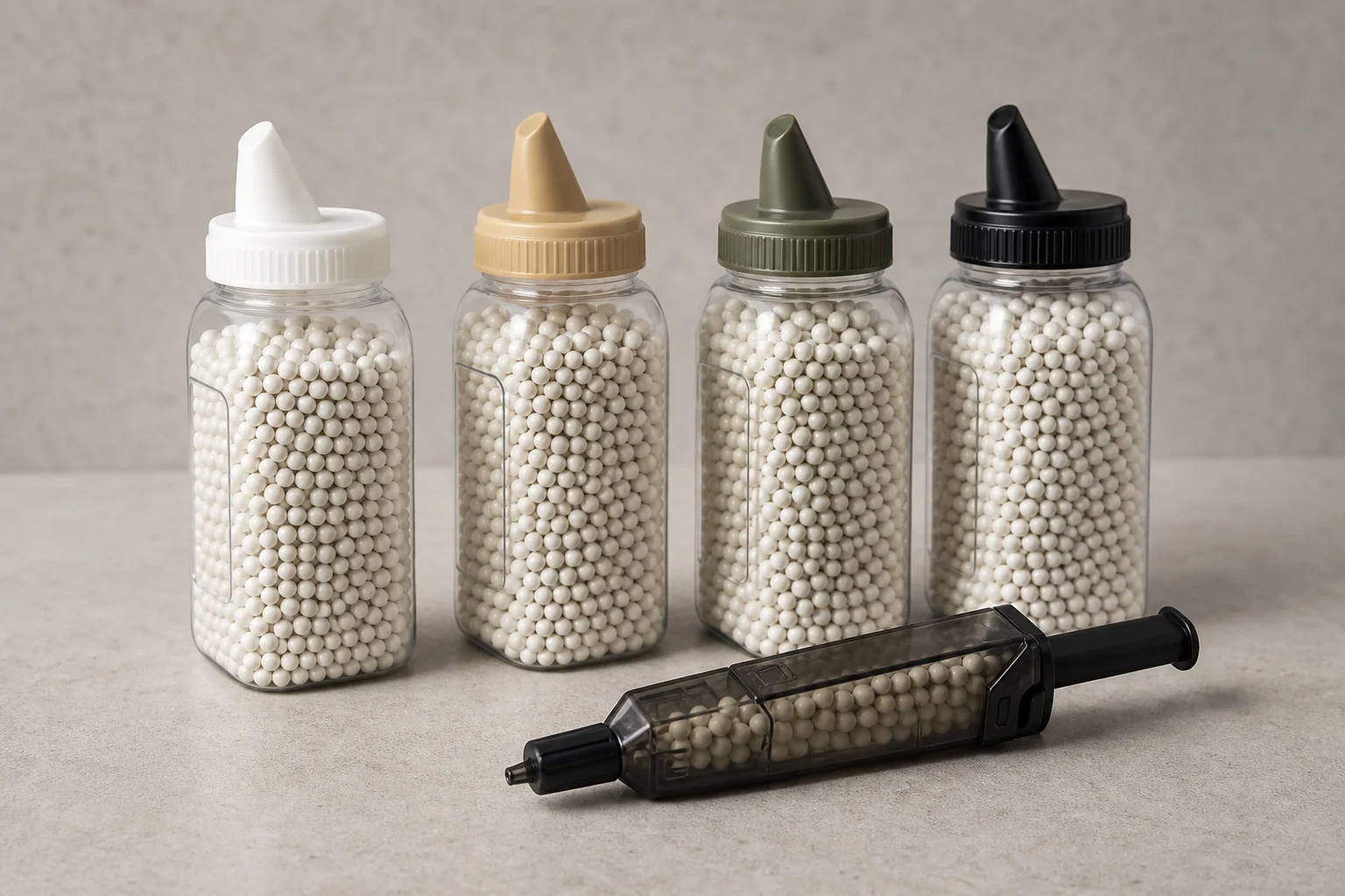 Assorted airsoft BB containers in different weights with a BB loader tool