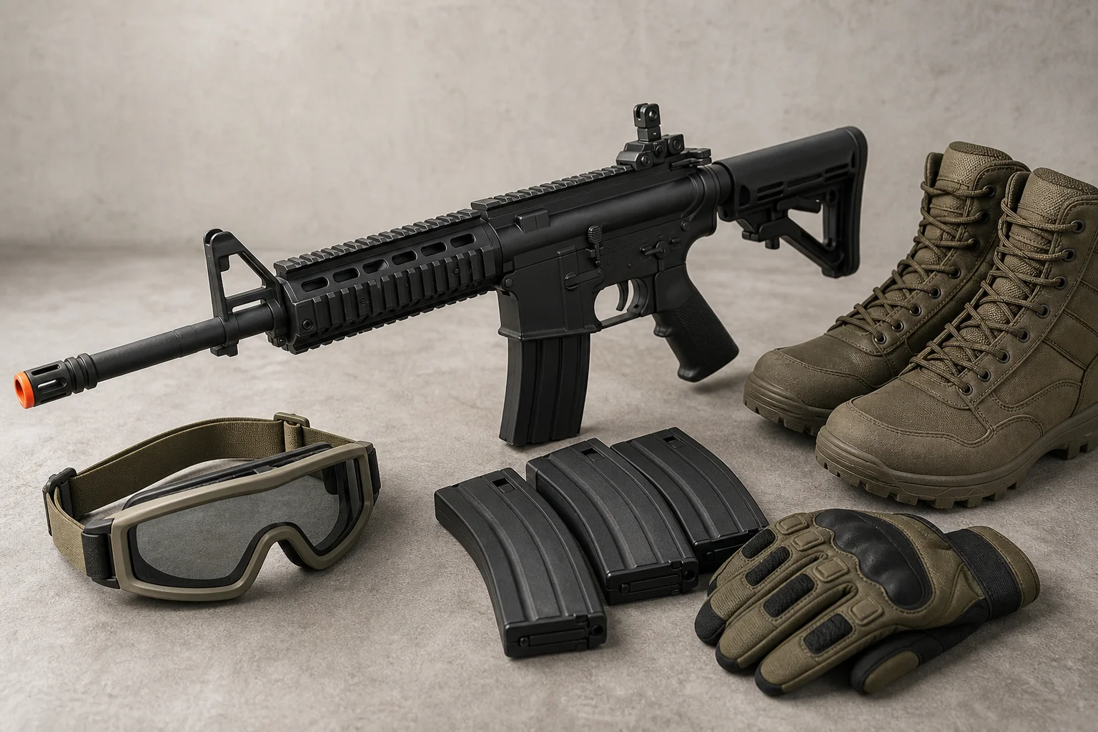 Airsoft beginner gear laid out on concrete including rifle, goggles, magazines, gloves, and boots