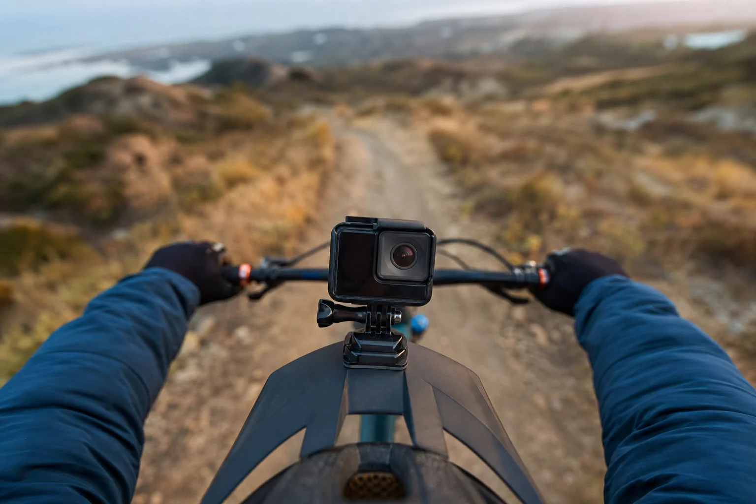 Action camera mounted on helmet during outdoor activity