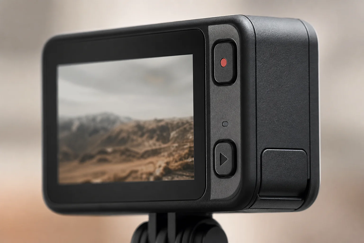 Close-up of action camera display and control buttons