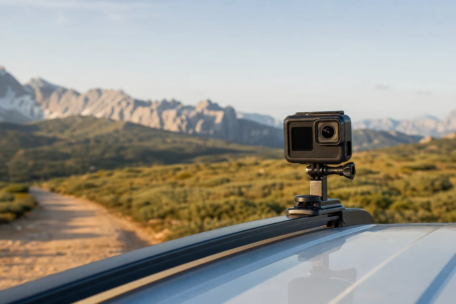 Action camera mounted on vehicle during outdoor adventure